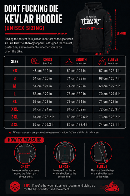 Don't F**king Die — Kevlar Hoodie - Full Throttle Therapy