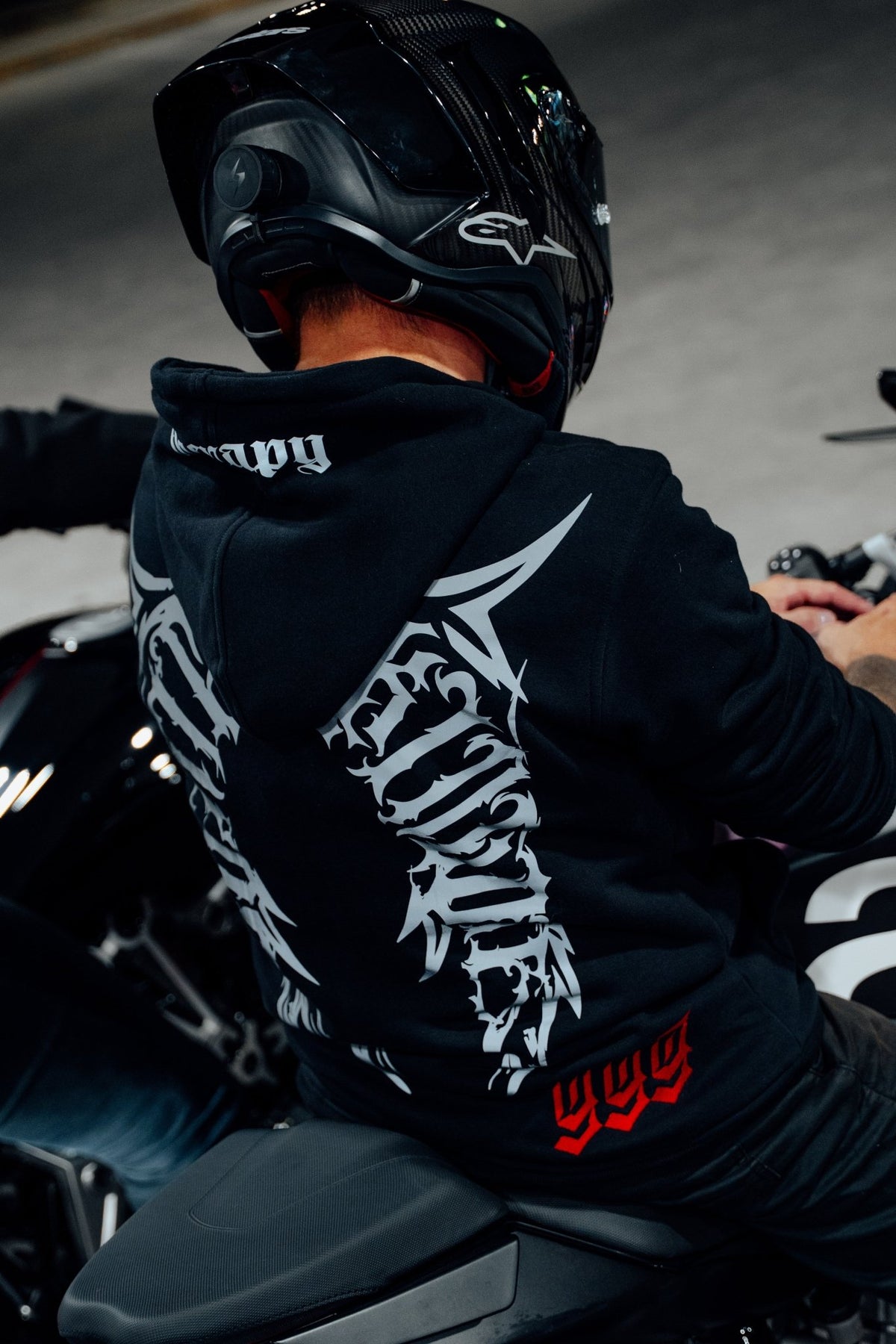 Don't Fucking Die hoodie back with reflective Therapy mark