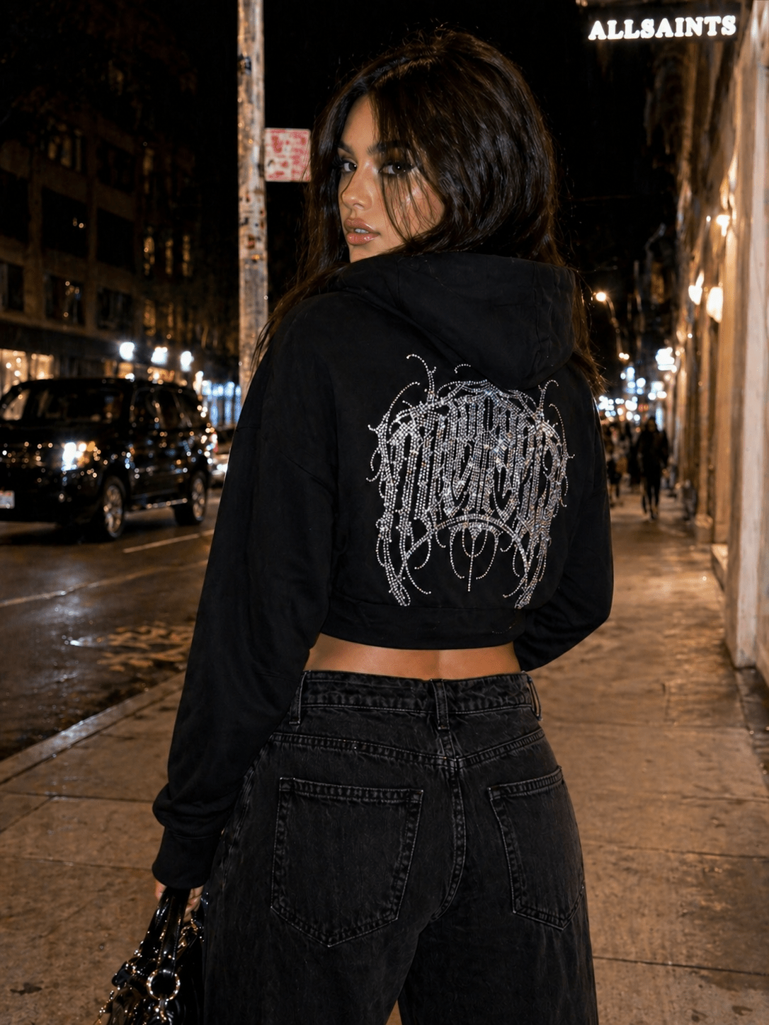Rhinestone Crop Hoodie - Full Throttle Therapy
