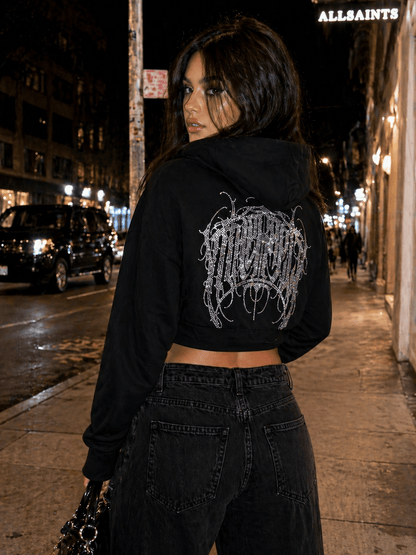 Rhinestone Crop Hoodie - Full Throttle Therapy